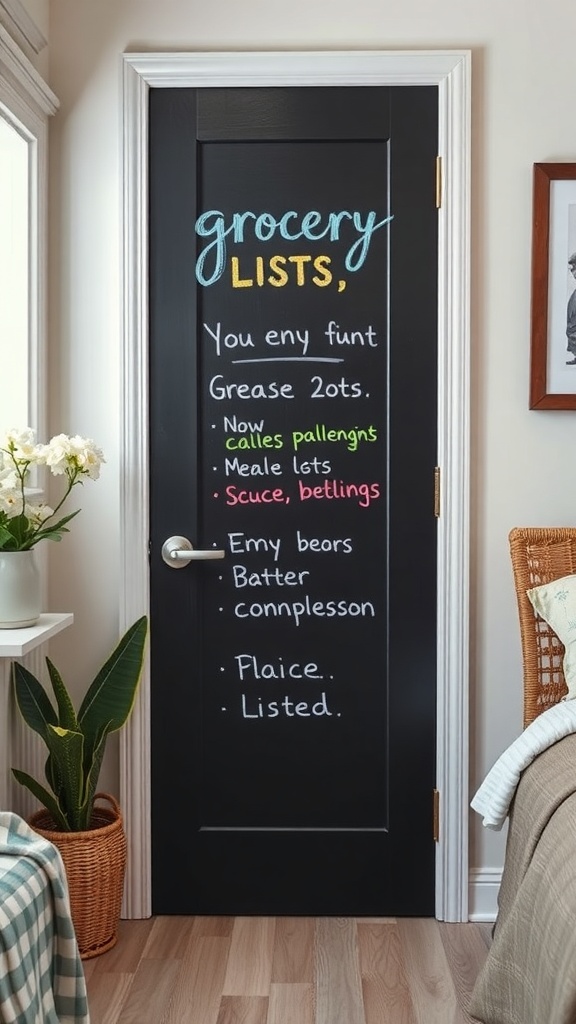 A pantry door painted with chalkboard paint, featuring colorful grocery lists written in chalk.