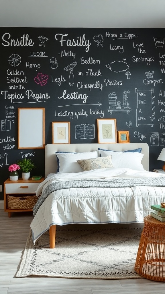 A cozy bedroom featuring chalkboard wallpaper filled with doodles and notes, showcasing a creative and playful atmosphere.