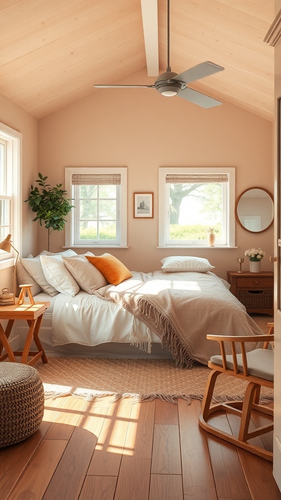 Interior view of a cozy cottage bedroom featuring sunlight, wooden floors, layered bedding, and a rocking chair.