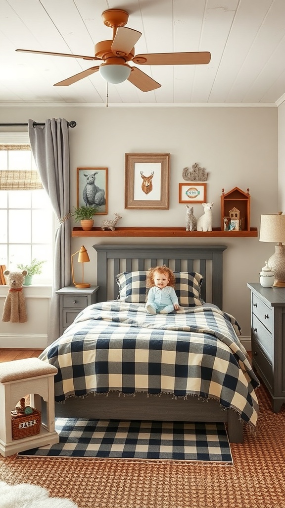 A charming farmhouse style children's room featuring a cozy bed with plaid bedding, playful decor, and a cheerful child sitting on the bed.