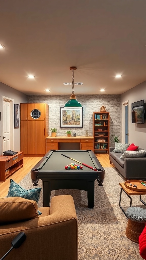 A cozy basement game room with a pool table, comfortable seating, and warm lighting.