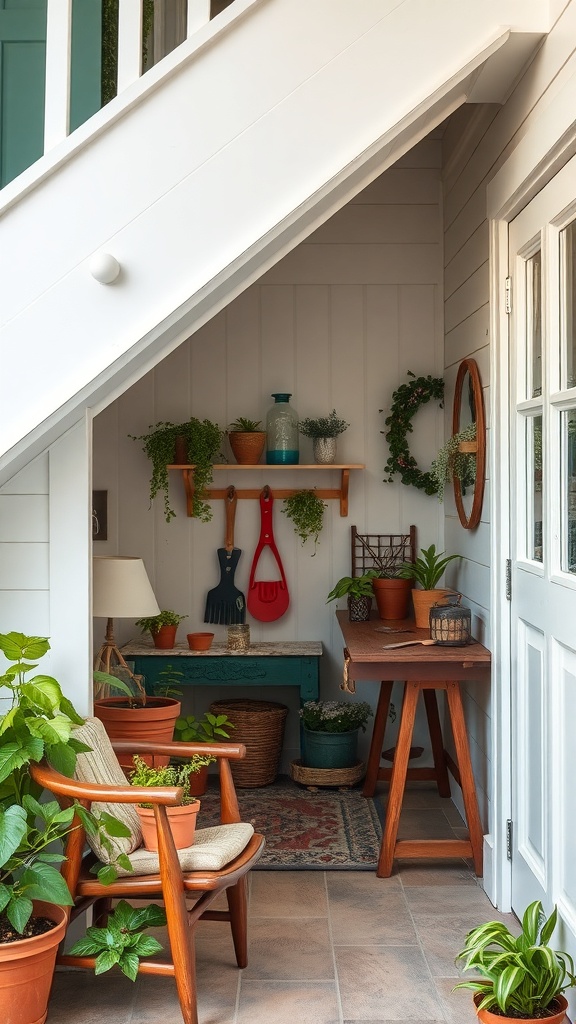 Cozy garden shed under stairs with plants and gardening tools