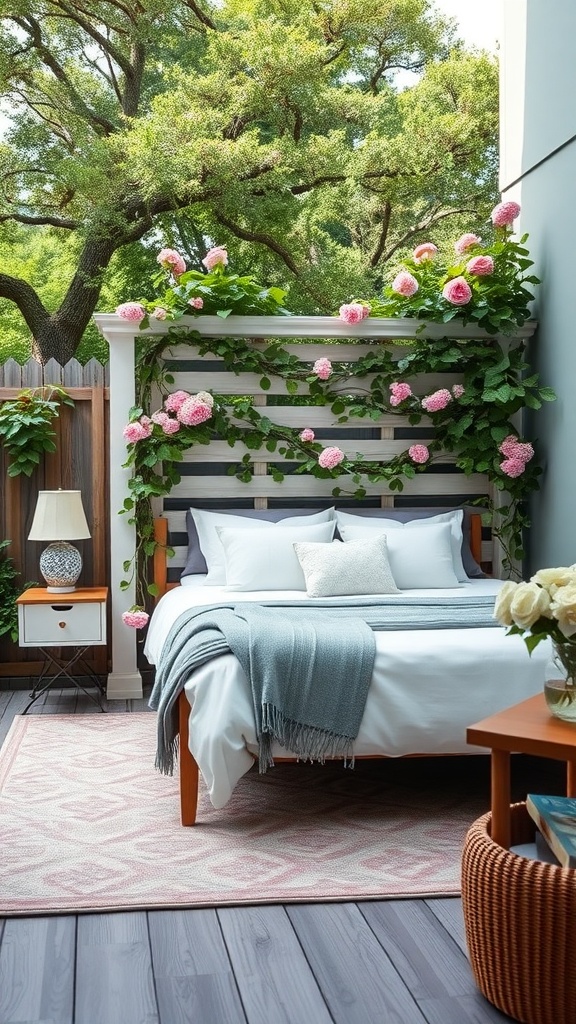 A garden trellis with pink flowers, creating a cozy outdoor space.