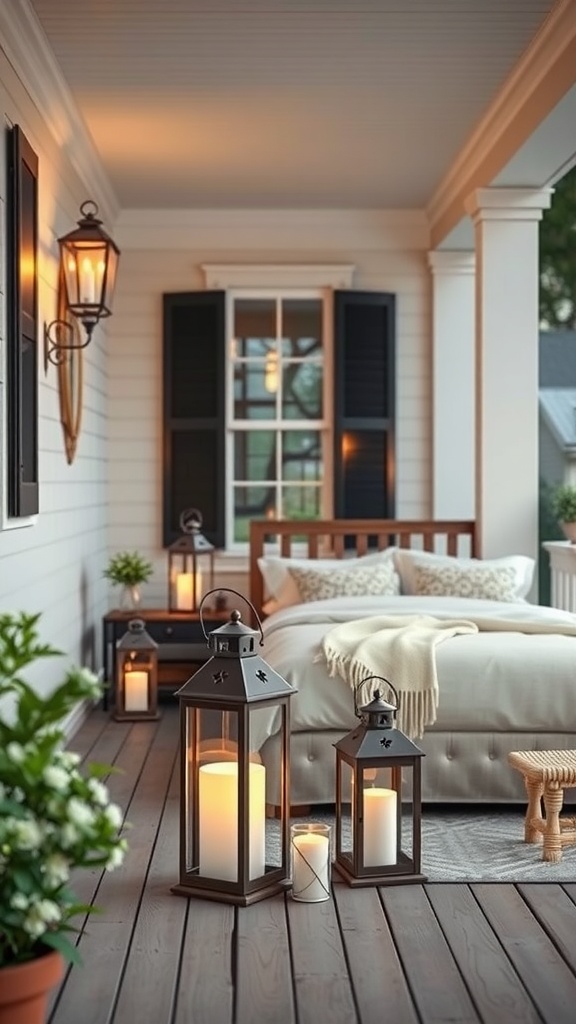 A cozy porch with various lanterns providing soft lighting, surrounded by plants and comfortable seating.