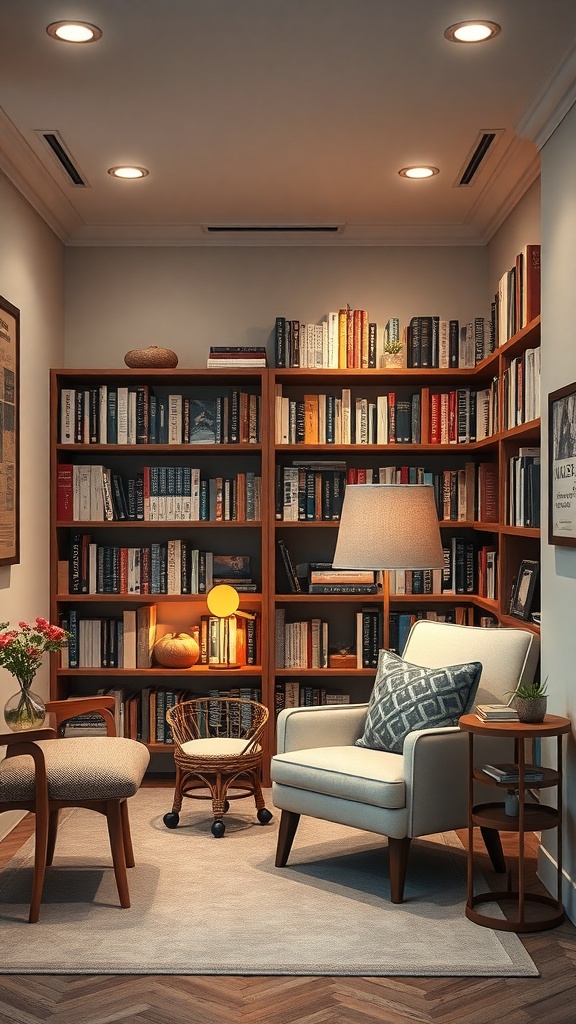 A cozy library nook with bookshelves, an armchair, and warm lighting.