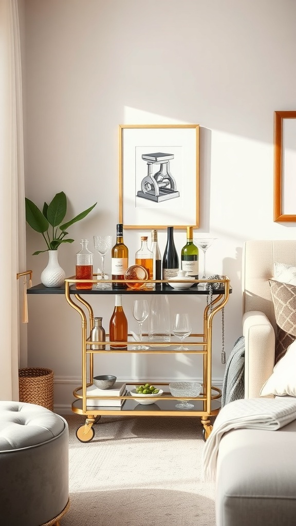 A stylish bar cart with various bottles, glassware, and decorative items in a cozy living room corner.