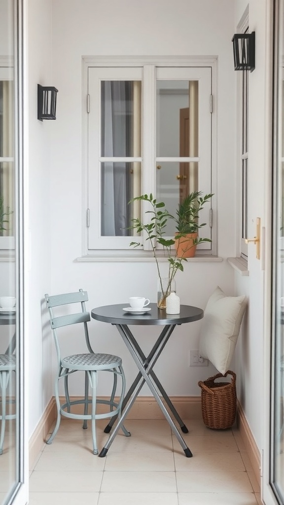 Small bistro table setup in a cozy corner with a plant, chair, and decorative items.