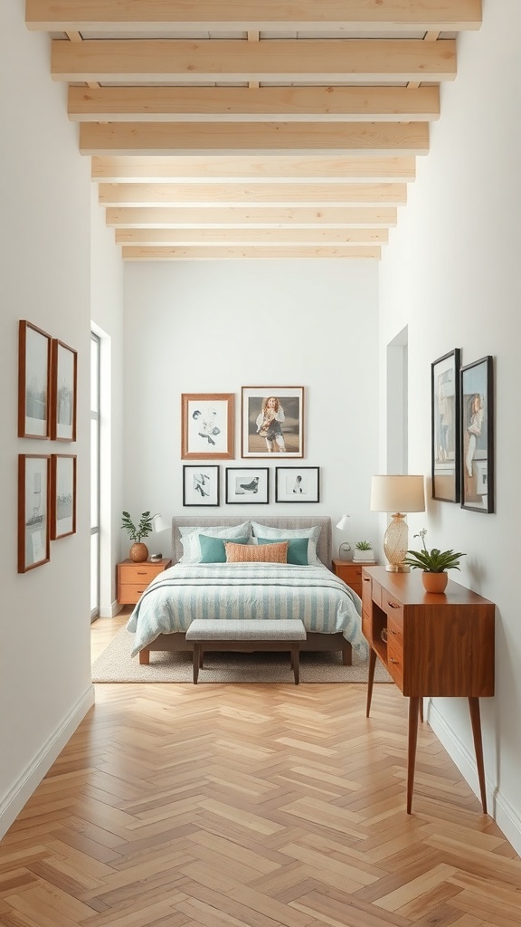 Chic hallway gallery with framed pictures, wooden beams, and stylish furniture