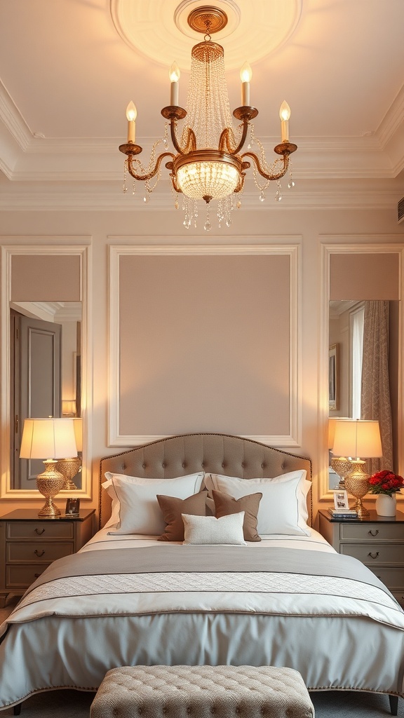 Chic chandelier in a stylish bedroom with warm lighting.