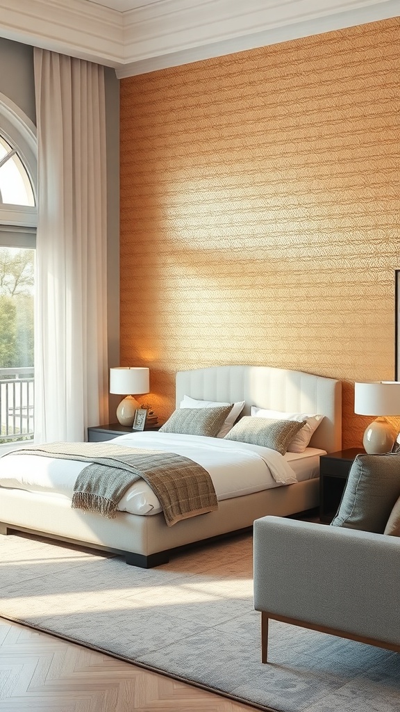 A stylish living room featuring a metallic gold wallpaper, a cozy bed, and elegant decor.