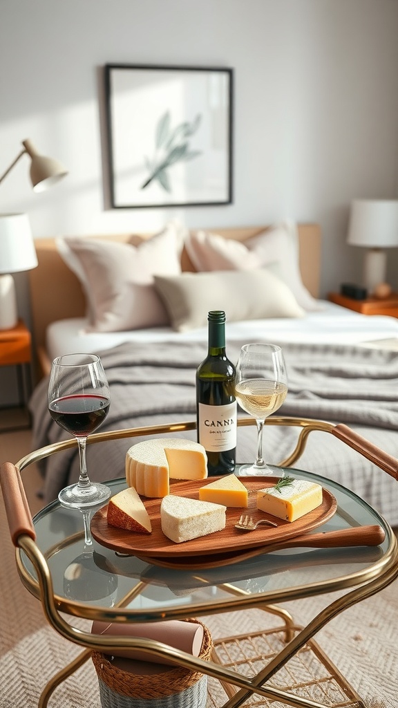 A stylish bar cart featuring a selection of cheeses, red and white wine glasses, and a bottle of wine, set in a cozy bedroom.