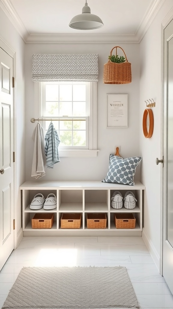 A bright and organized child-friendly mudroom with a bench, storage cubbies, and hooks for coats.