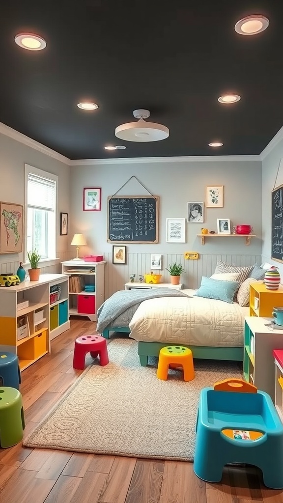 A colorful children's playroom in an unfinished basement with a chalkboard wall, bright stools, and cozy bedding.