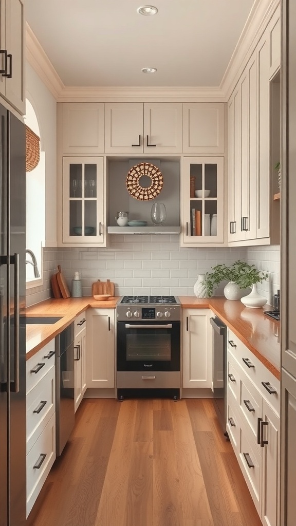 A beautifully designed narrow kitchen with light cabinetry and wooden countertops.