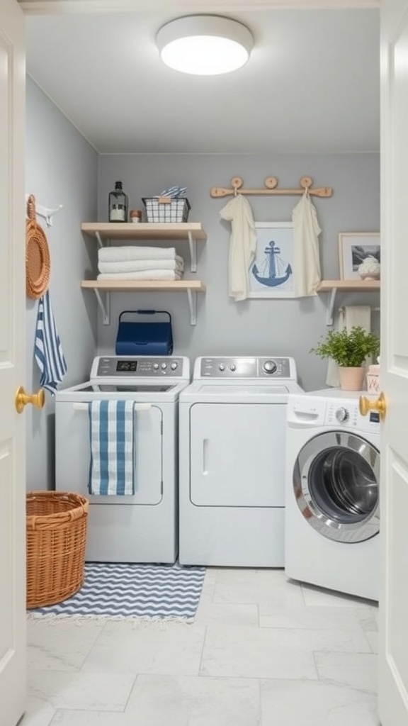 A well-organized small laundry room with a nautical theme, featuring white appliances, open shelves, woven basket, and nautical decor.