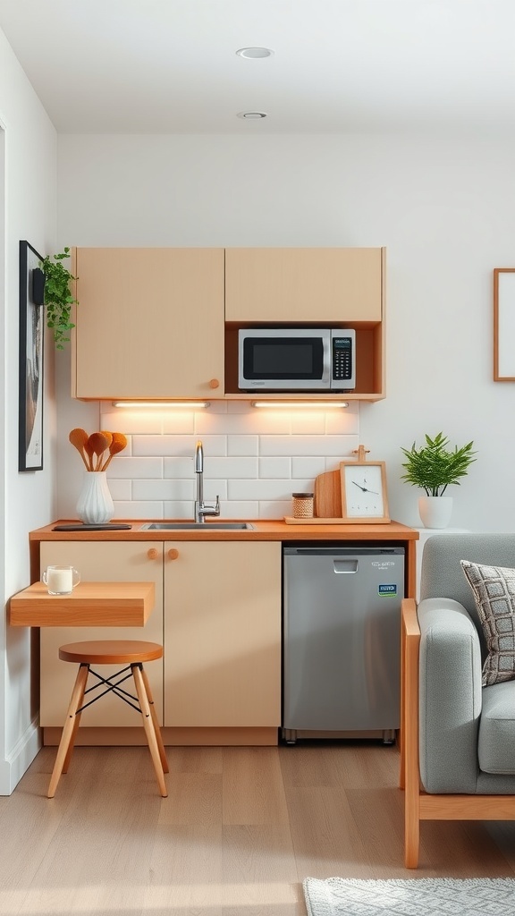 A cozy small kitchen featuring compact appliances and a clever layout.