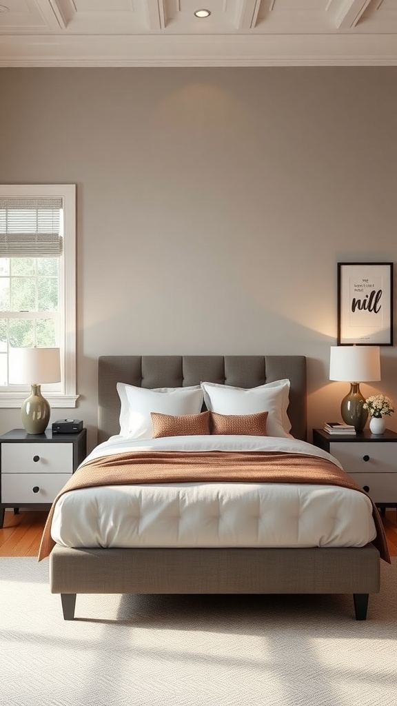 A small guest bedroom featuring a bed with decorative pillows, two compact nightstands, and stylish lamps.
