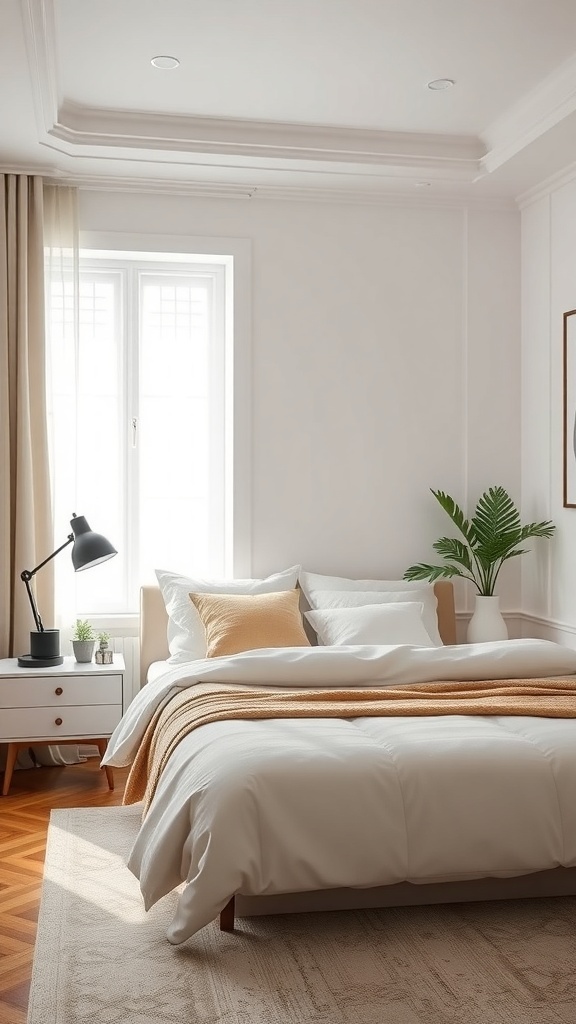 A cozy small bedroom featuring a compact nightstand, soft bedding, and a planted decor.