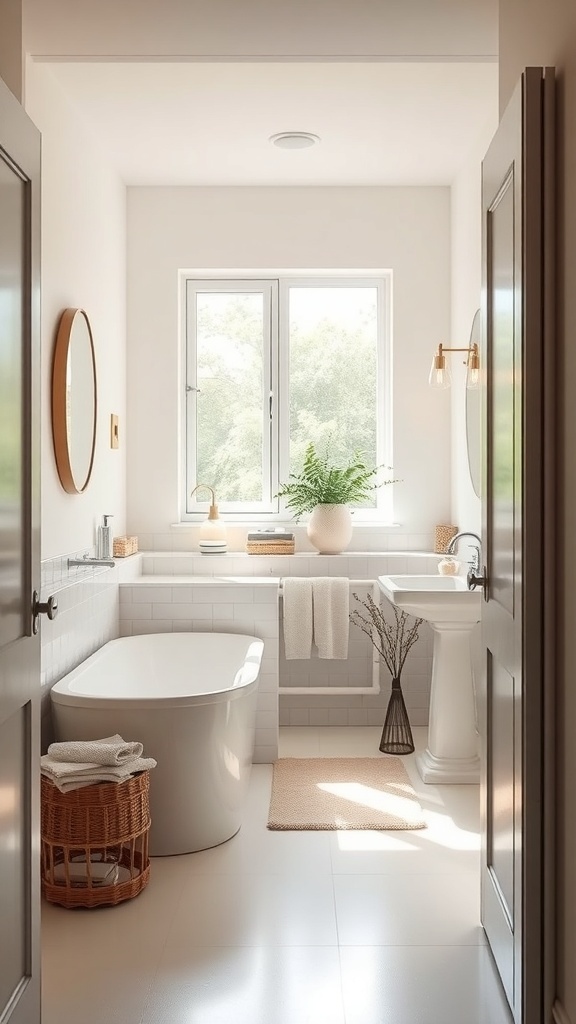 A bright, modern bathroom with light color palette, featuring a freestanding bathtub, a plant, and large windows for natural light.