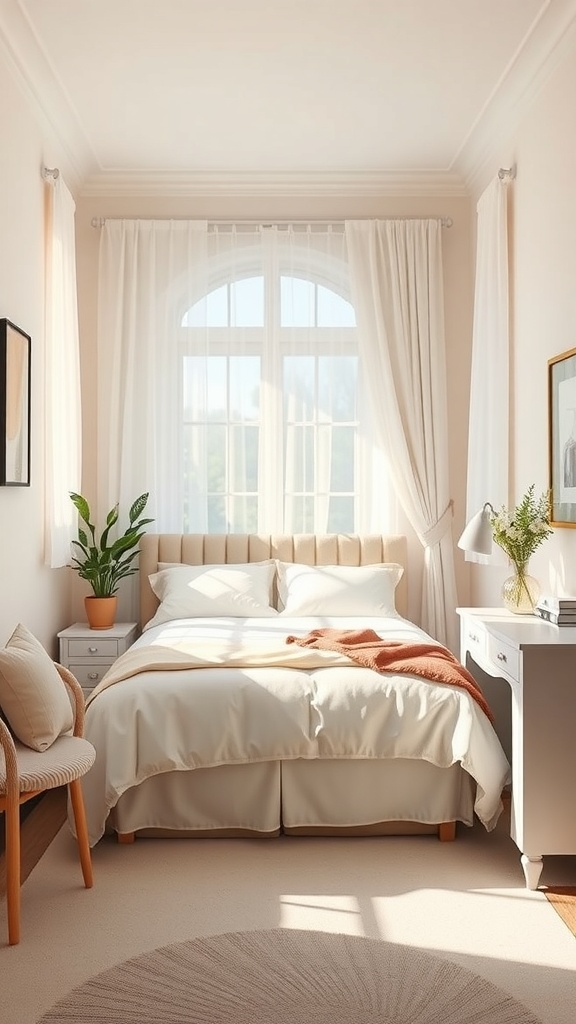 A small guest bedroom with light beige walls, a cozy bed, and natural light from a large window.