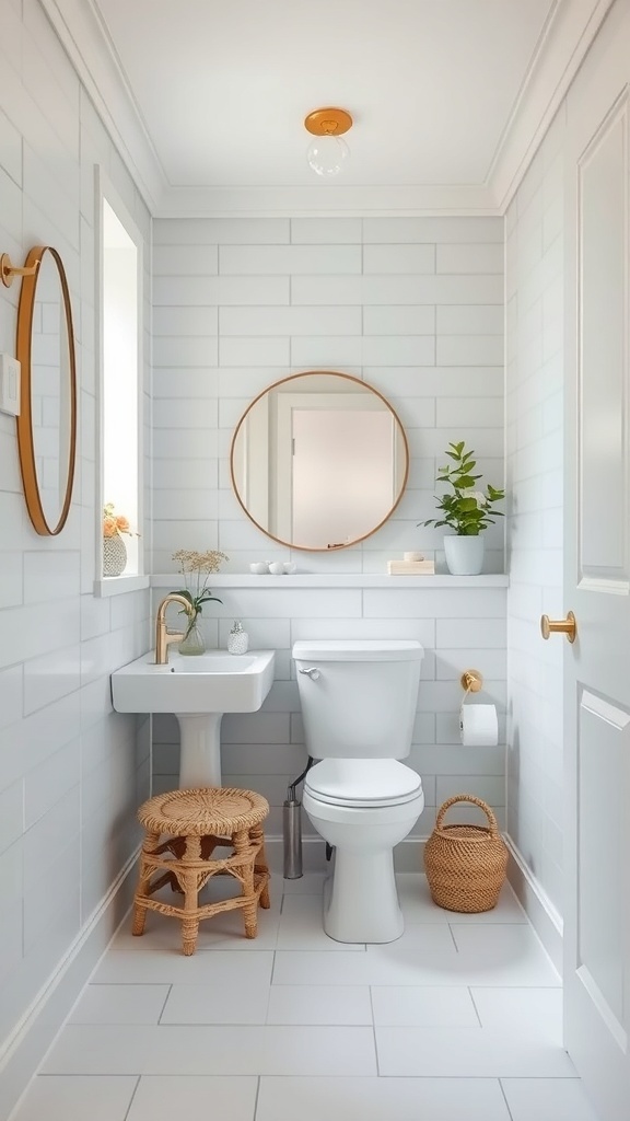 A tiny half bathroom featuring light colors, white subway tiles, a round mirror, gold fixtures, and a small plant.