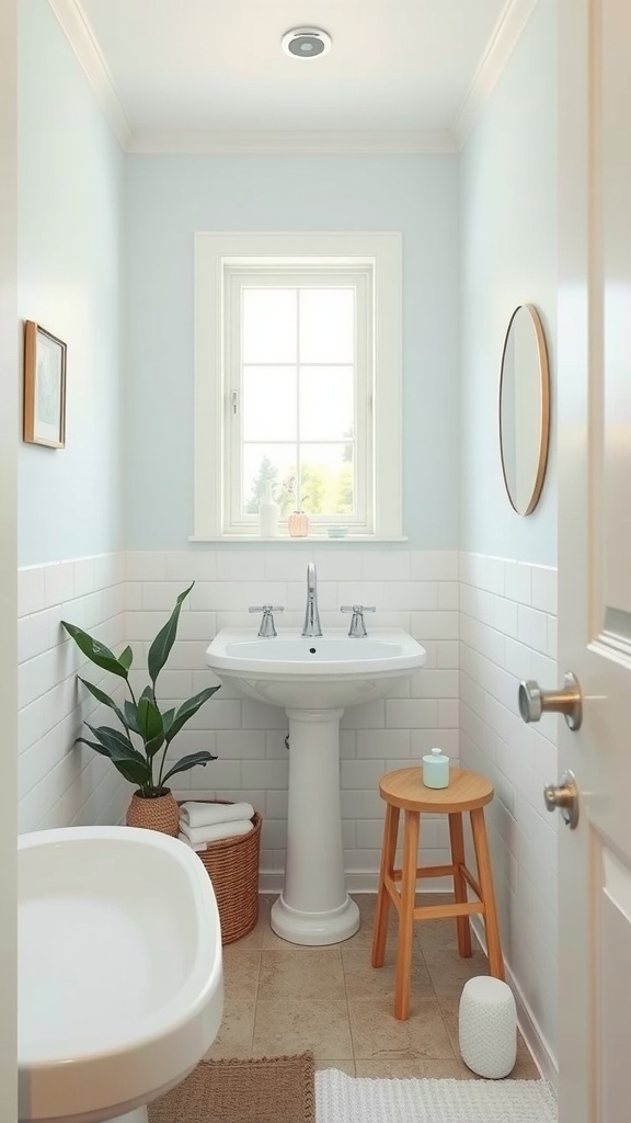 Bright and airy small bathroom with light blue walls and white tiles