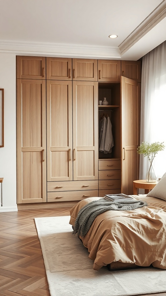 A fitted wooden wardrobe in a cozy bedroom setting