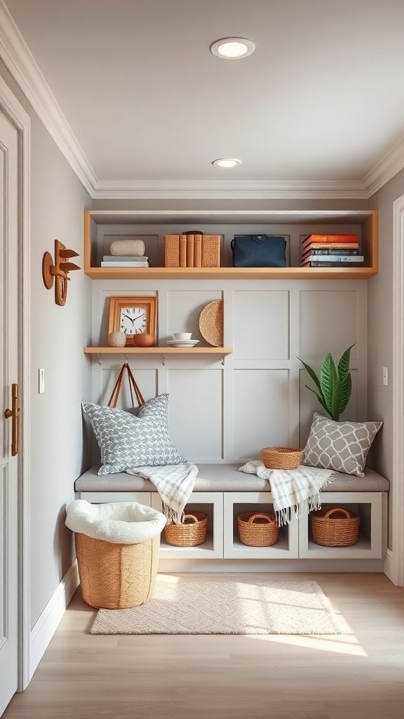 A small, stylish mudroom featuring a built-in bench with storage, shelves with decorative items, and baskets for organization.
