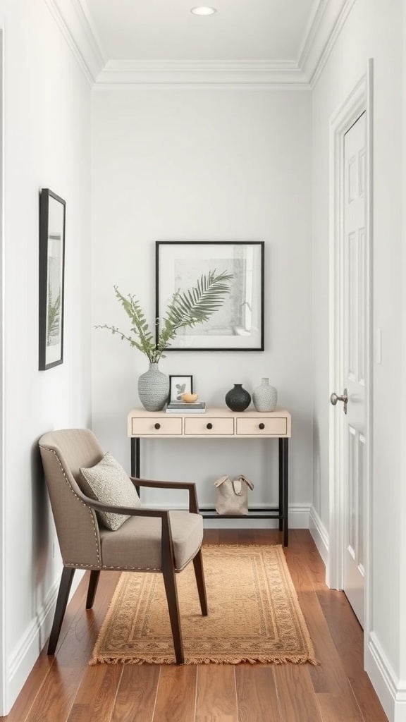 A narrow entryway featuring a cozy chair, a sleek console table, and decorative elements.