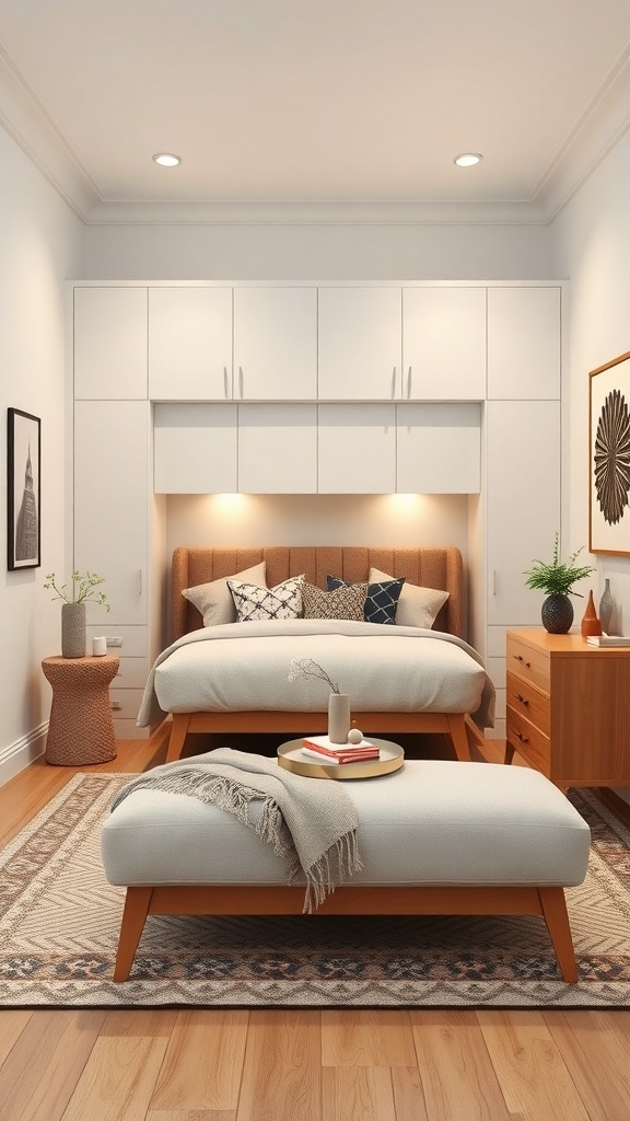A modern bedroom featuring a space-saving bed design with built-in storage, stylish decor, and a cozy color palette.