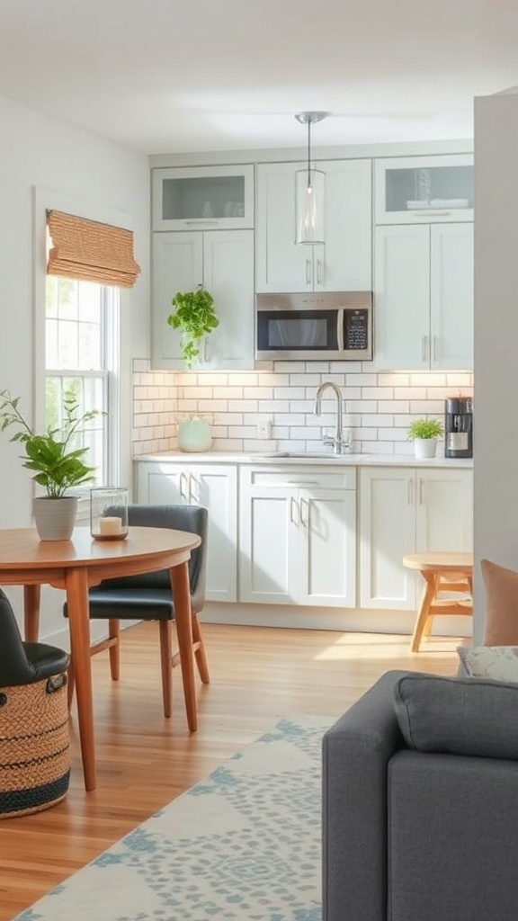 A modern small kitchen showcasing a subway tile backsplash, light wood flooring, and a round dining table.
