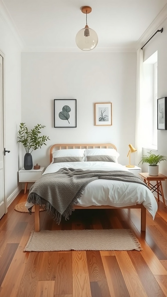 A beautifully organized small bedroom featuring a cozy bed with a minimalist design.