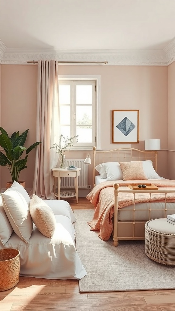 A cozy bedroom with peach walls, light wood furniture, and soft bedding.