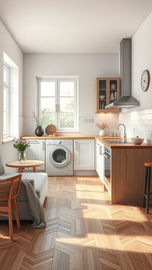 A small kitchenette featuring herringbone wood flooring, a washing machine, and cozy furnishings.