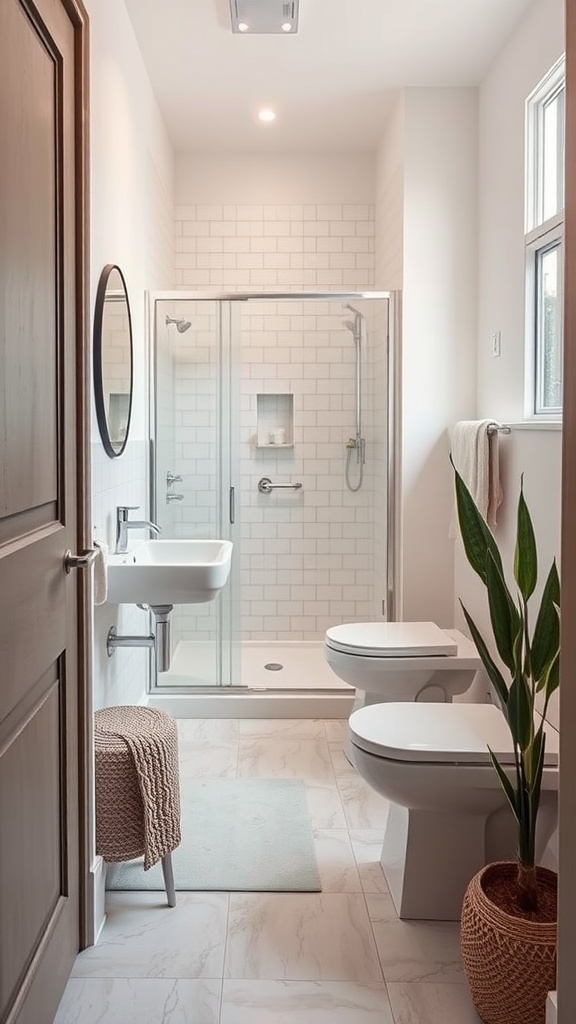 A modern small bathroom featuring sleek tiles, a glass shower, and plants.