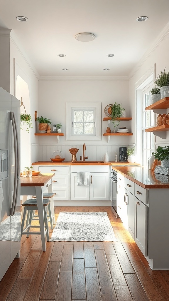 A cozy tiny farmhouse kitchen with natural wood flooring, white cabinetry, and wooden countertops.