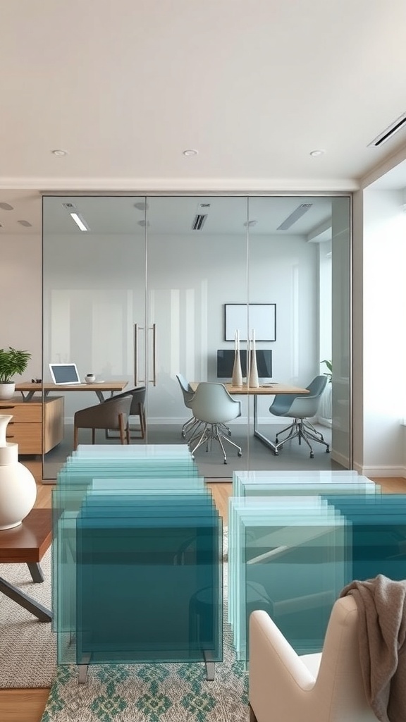 A modern office space featuring glass partition walls separating different areas.