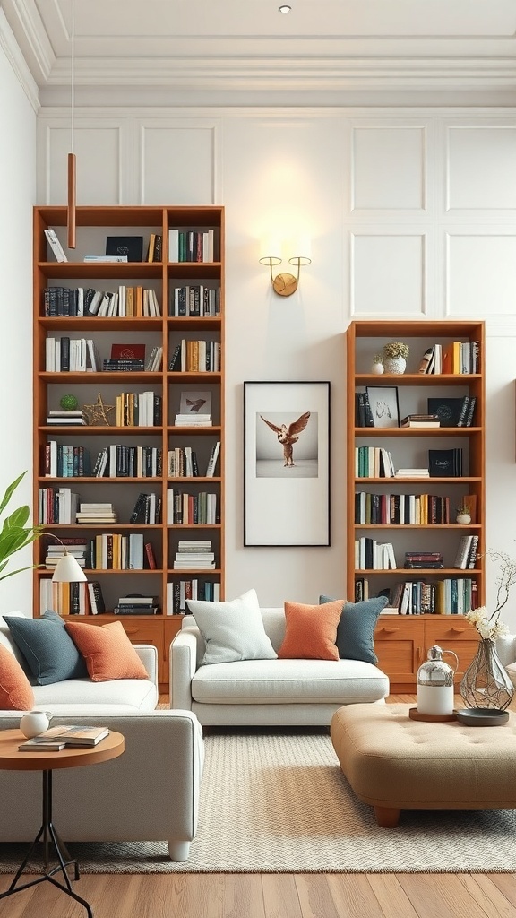 Stylish living room featuring tall bookshelf partitions, creating an open yet divided space.