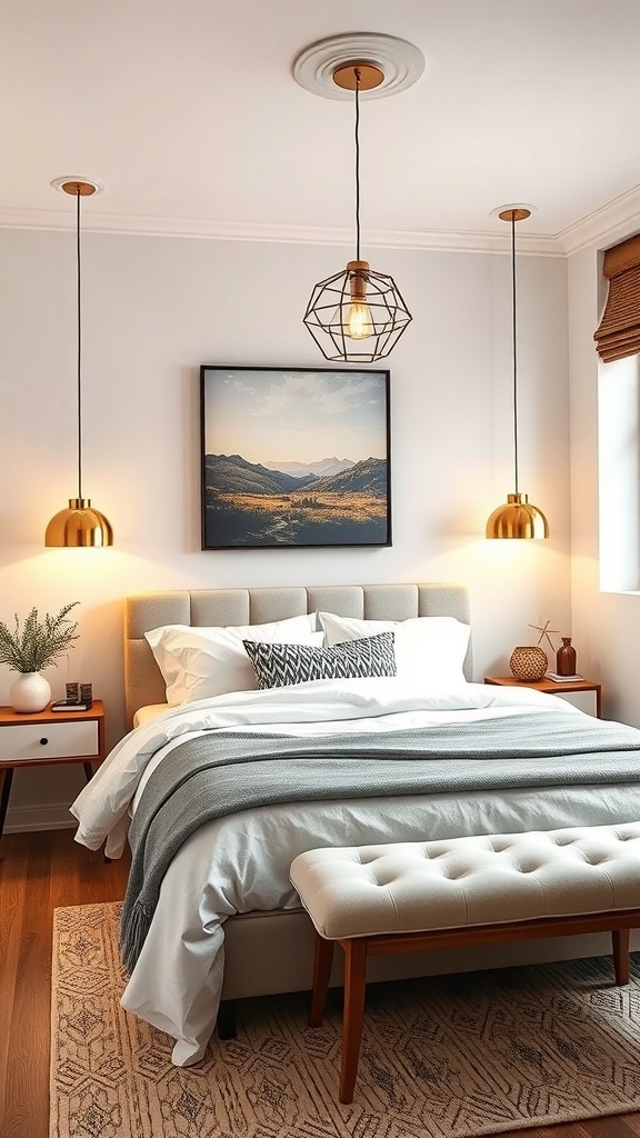 A beautifully designed small bedroom with pendant and geometric lighting fixtures, highlighting a cozy atmosphere.