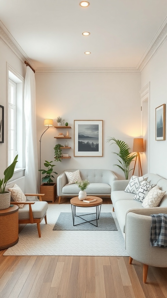 A cozy living room featuring compact sofas, a small coffee table, and decorative plants, illustrating effective furniture selection for tiny spaces.