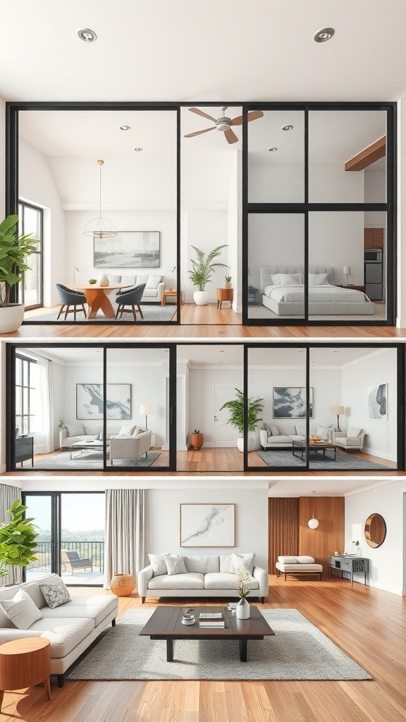 A stylish interior showcasing various sliding partitions separating living areas.