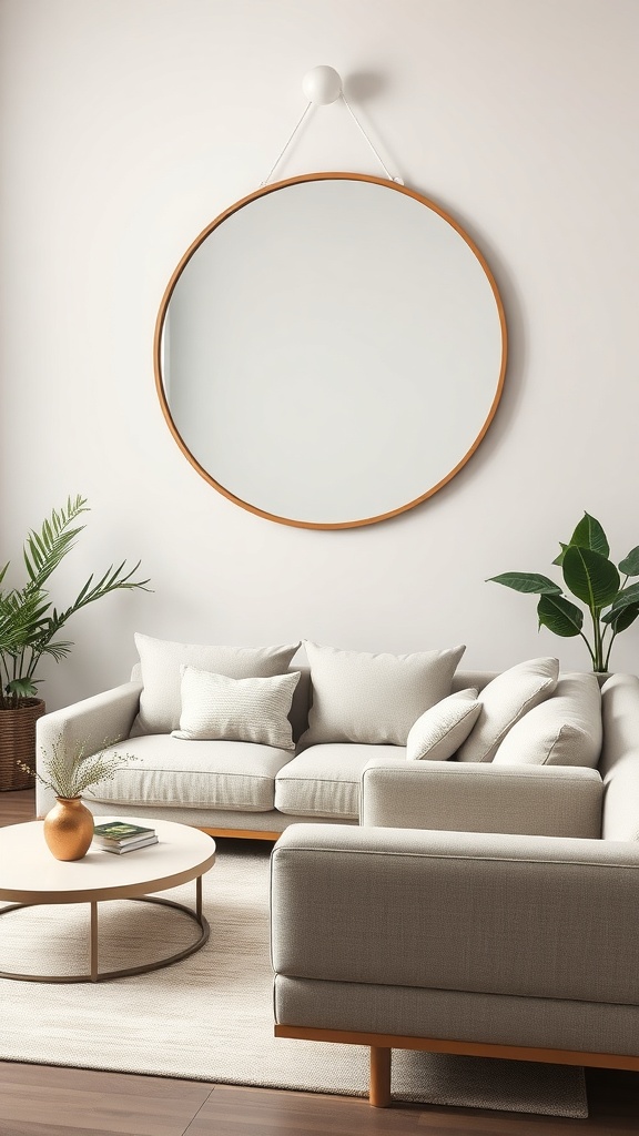 A circular mirror with a wooden frame above a cozy sofa in a living room setting.