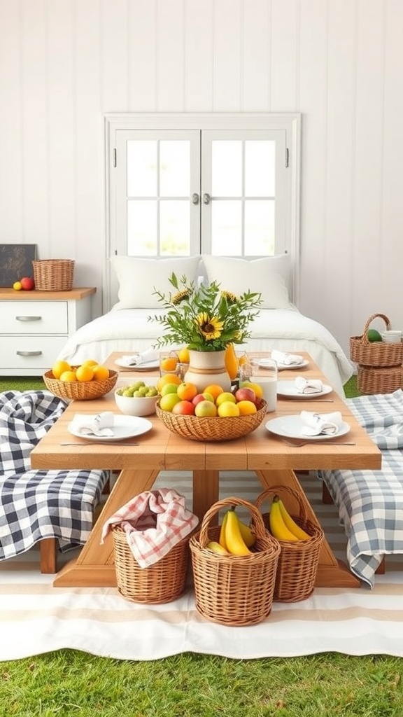 A classic picnic setup featuring a wooden table with fruits in baskets, plates, and cozy blankets.