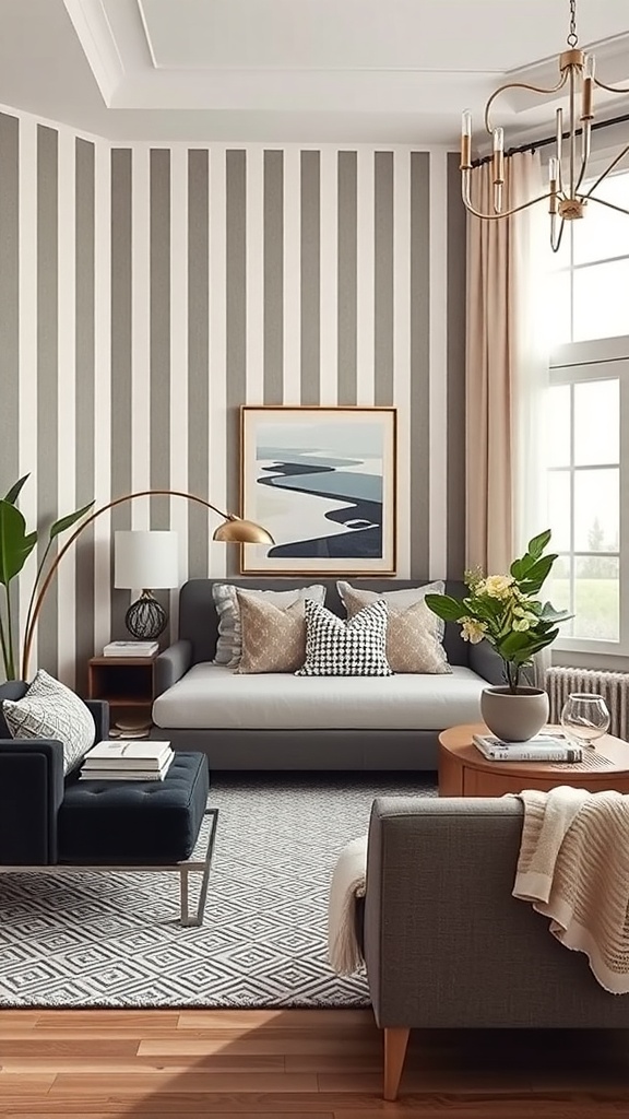 A stylish living room featuring classic striped wallpaper in soft tones, complemented by modern furniture and decor.