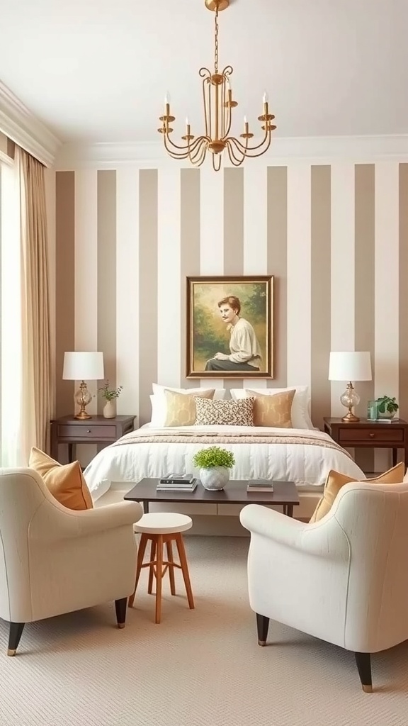 A living room featuring classic striped wallpaper in neutral tones, with elegant furniture and decor.