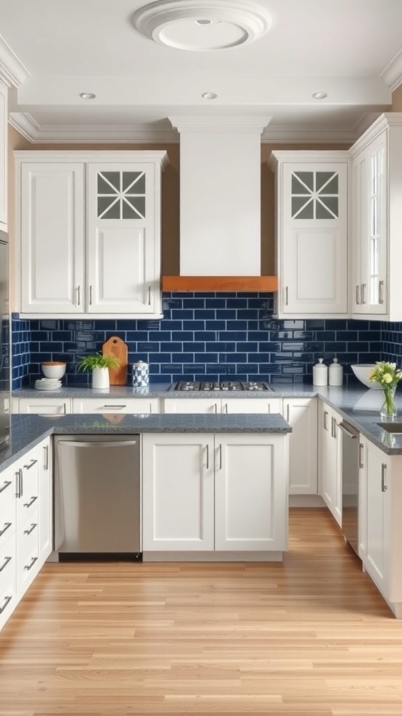 A modern kitchen featuring white cabinets and a navy blue backsplash.