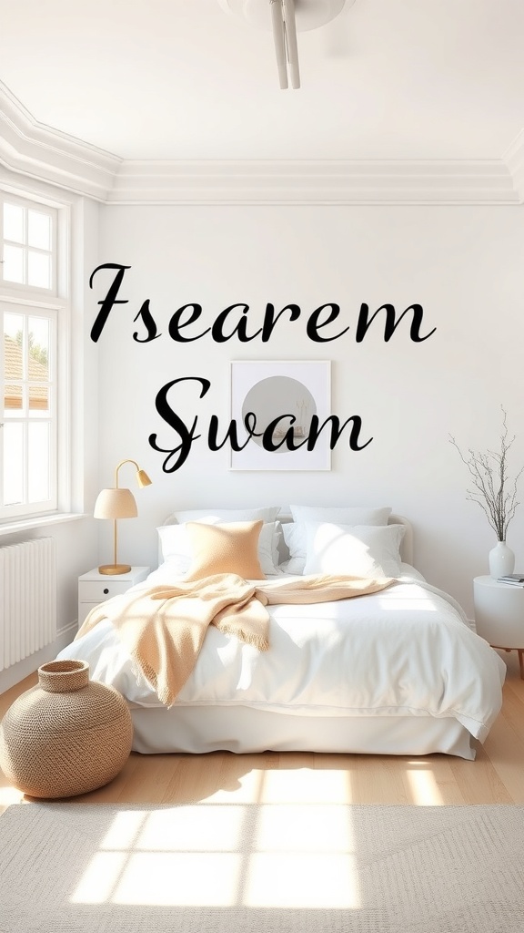 A bright and airy bedroom with white walls, a cozy bed, and stylish decor.