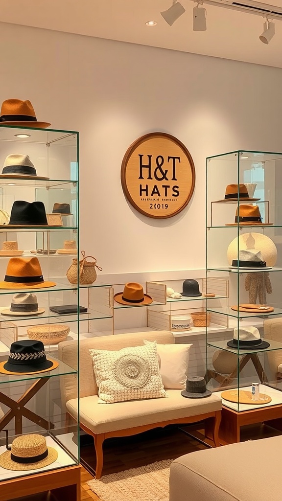 A display of hats in clear plastic cases, showcasing a variety of styles and colors.