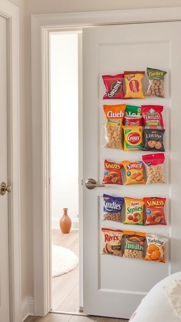 A pantry door with clear pocket organizers filled with various snack bags.