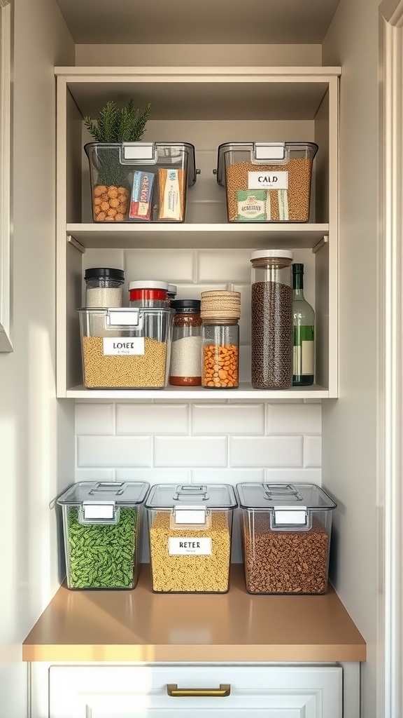 A well-organized kitchen pantry with clear storage bins and labeled contents